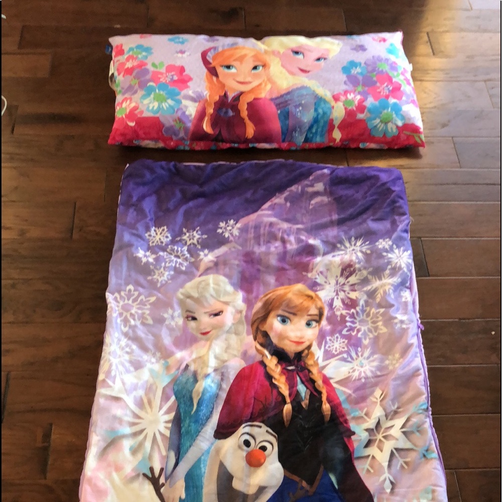 Disney princess frozen sleeping bag and pillow.